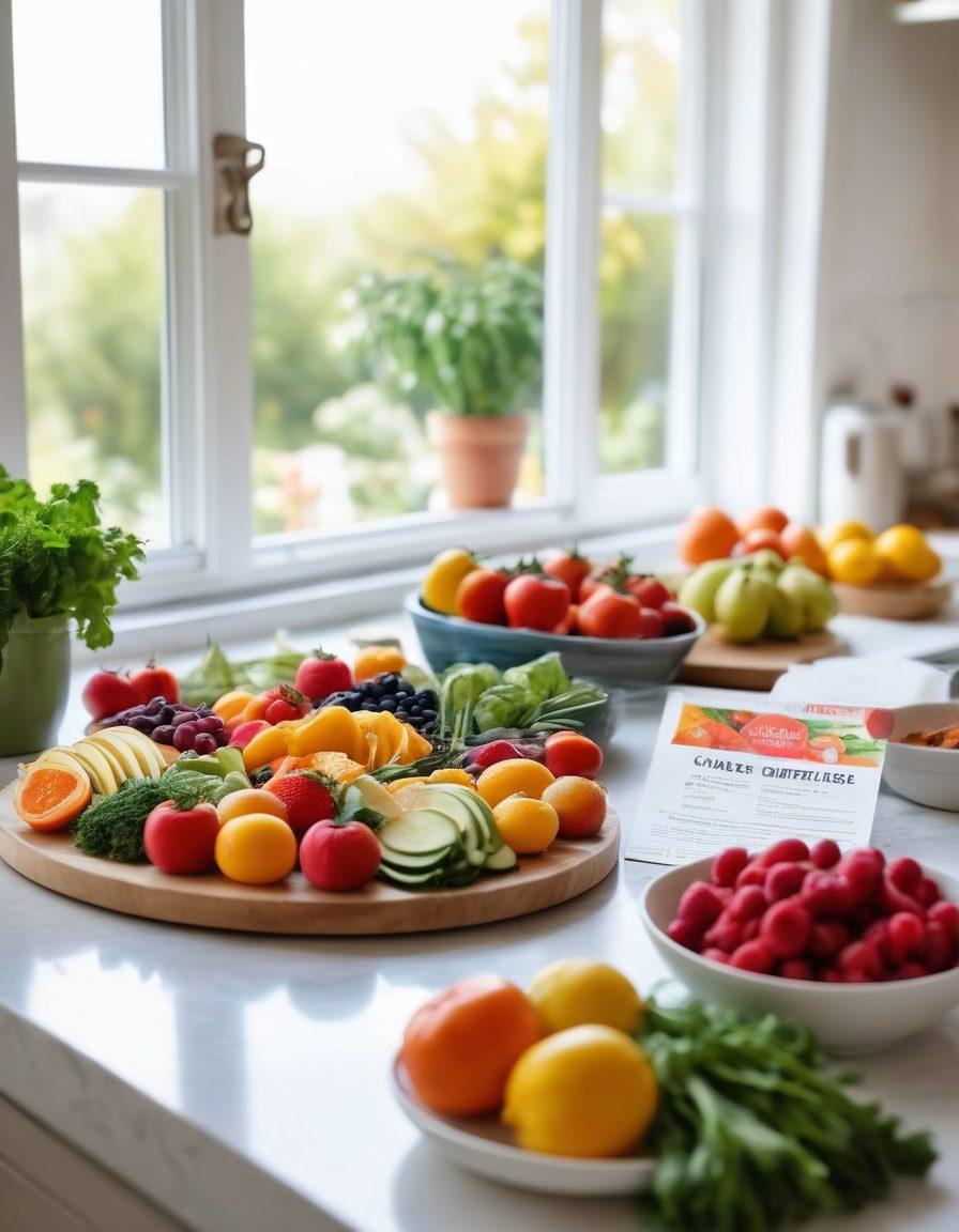 A vibrant, colorful kitchen scene filled with an array of fresh fruits and vegetables, an open recipe book, and a balanced meal plated beautifully. In the background, a person joyously preparing a healthy dish with a focus on nutrition labels and ingredients. Soft natural light streaming in from a window to create a warm, inviting atmosphere. super-realistic. vibrant colors. white background.