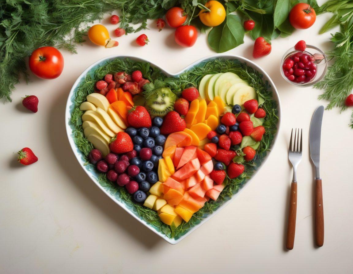A heart-shaped plate filled with colorful, healthy foods like fruits, vegetables, lean proteins, and whole grains, symbolizing love and nourishment. Soft, warm lighting casts a romantic glow over the scene, with a fork and knife arranged elegantly beside the plate. Include a backdrop of lush greenery, enhancing the freshness of the ingredients. The overall mood is inviting and passionate about healthy eating. super-realistic. vibrant colors. soft lighting.