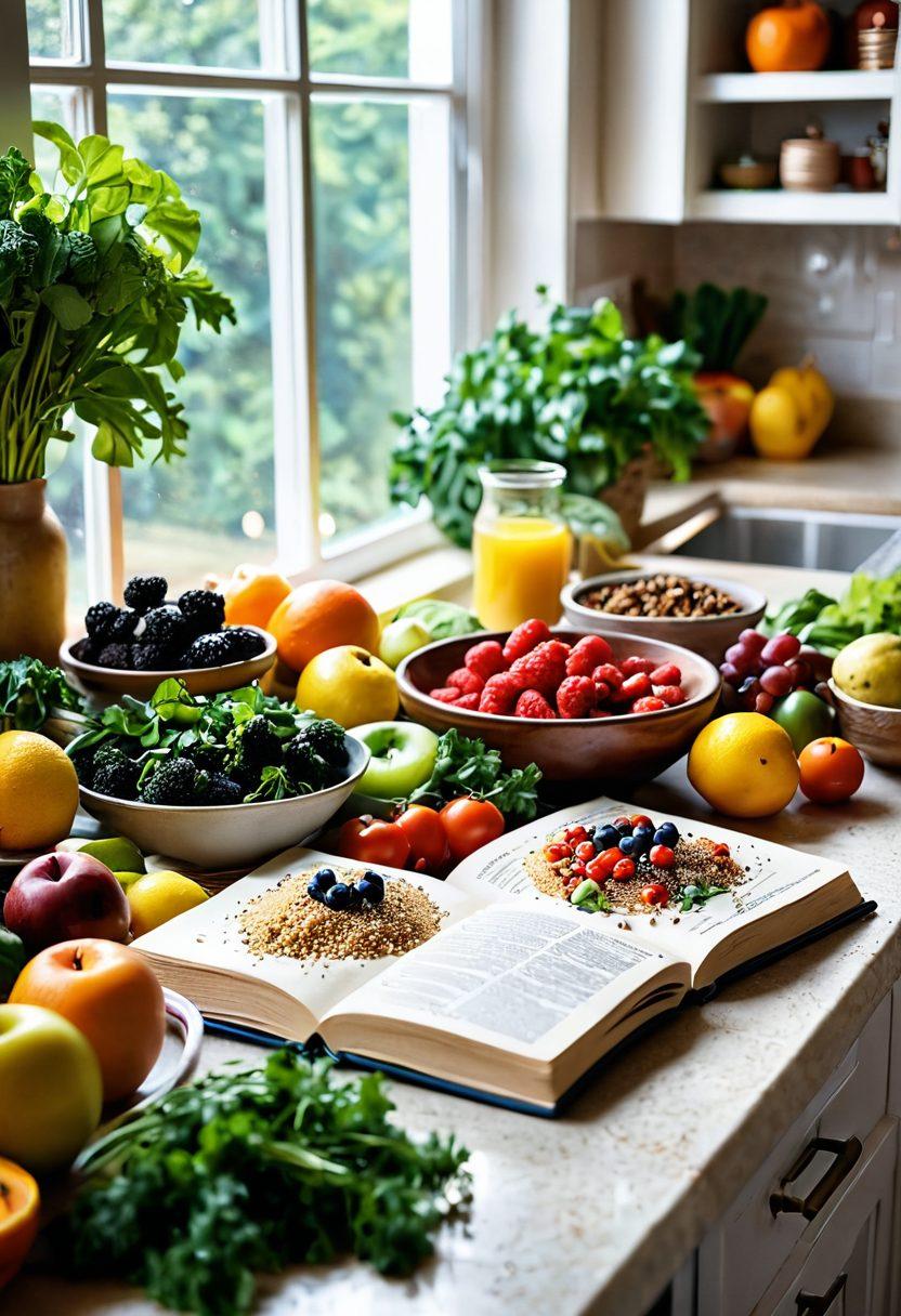 A vibrant kitchen scene featuring a colorful spread of fresh fruits, vegetables, and whole grains, with a steaming dish of quinoa and herbs in the foreground. Bright light pouring in through a window illuminates a recipe book open to a metabolism-boosting recipe. An inspiring quote about healthy living is artistically integrated into the image. The atmosphere is inviting and energetic. super-realistic. vibrant colors. white background.
